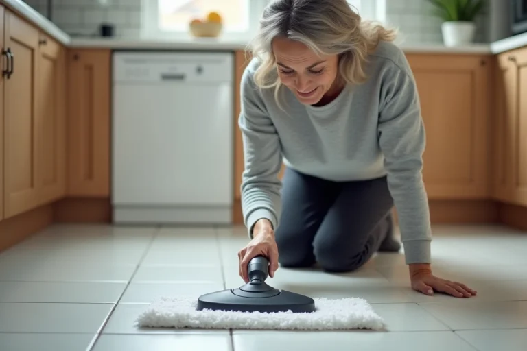 Femme inspectant un balai vapeur Lidl d'occasion posé sur un carrelage blanc dans une cuisine moderne