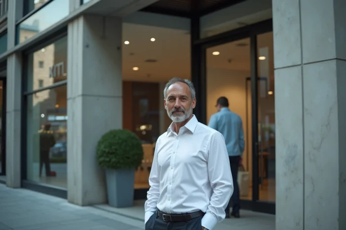 Homme d'affaires devant l'entrée d'un immeuble commercial lors de la mise à jour de l'enseigne suite à un changement de nom