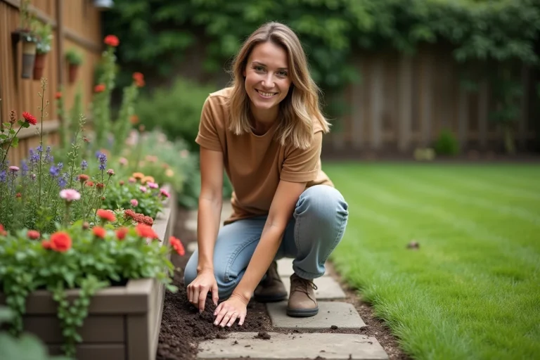 Femme dans son jardin arrangeant des plantes fleuries