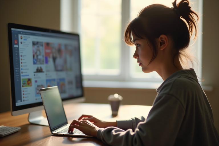 Jeune adulte utilisant un ordinateur avec filtre de confidentialité