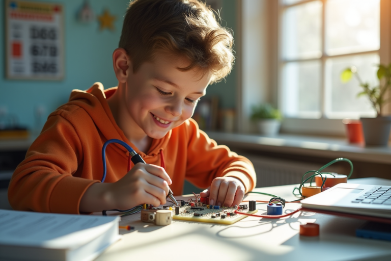 Jeune personne soudant des composants électroniques sur une breadboard lumineuse