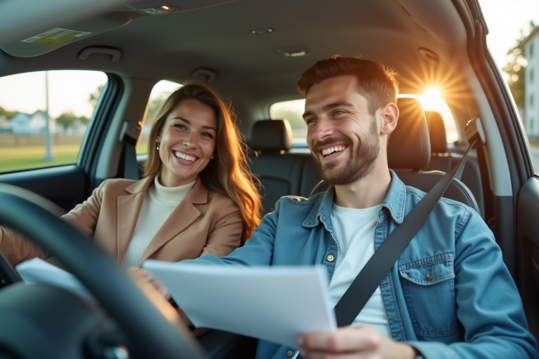 Jeune couple souriant dans une voiture moderne en ville