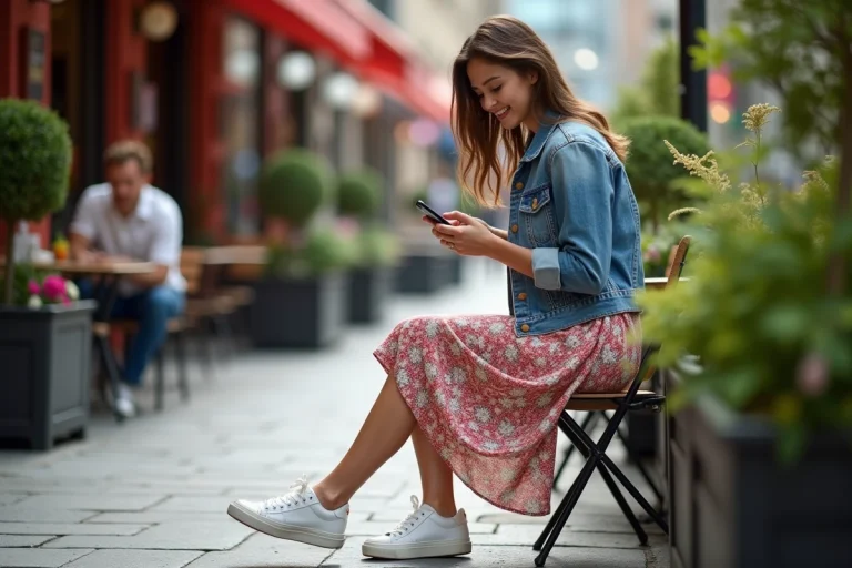 Jeune femme en robe midi et veste en denim au café urbain