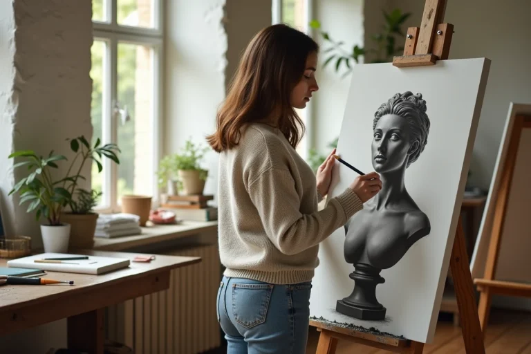 Jeune femme en studio d'art en train de dessiner un buste au charbon
