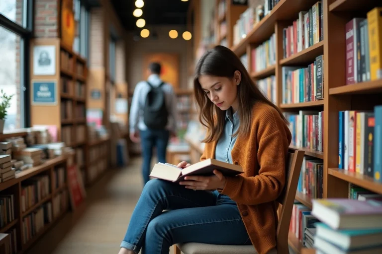 Jeune femme lisant un roman dans une librairie animée