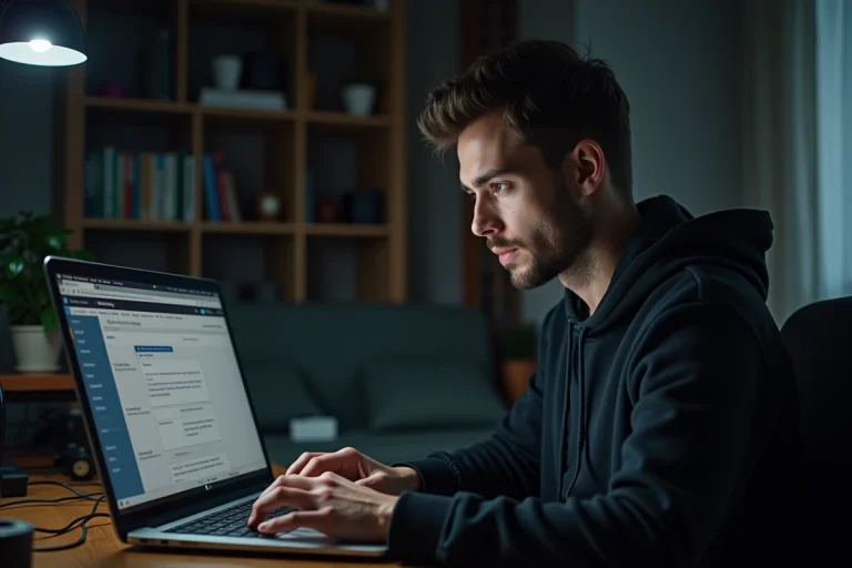 Jeune homme concentré sur son ordinateur dans un bureau décontracté