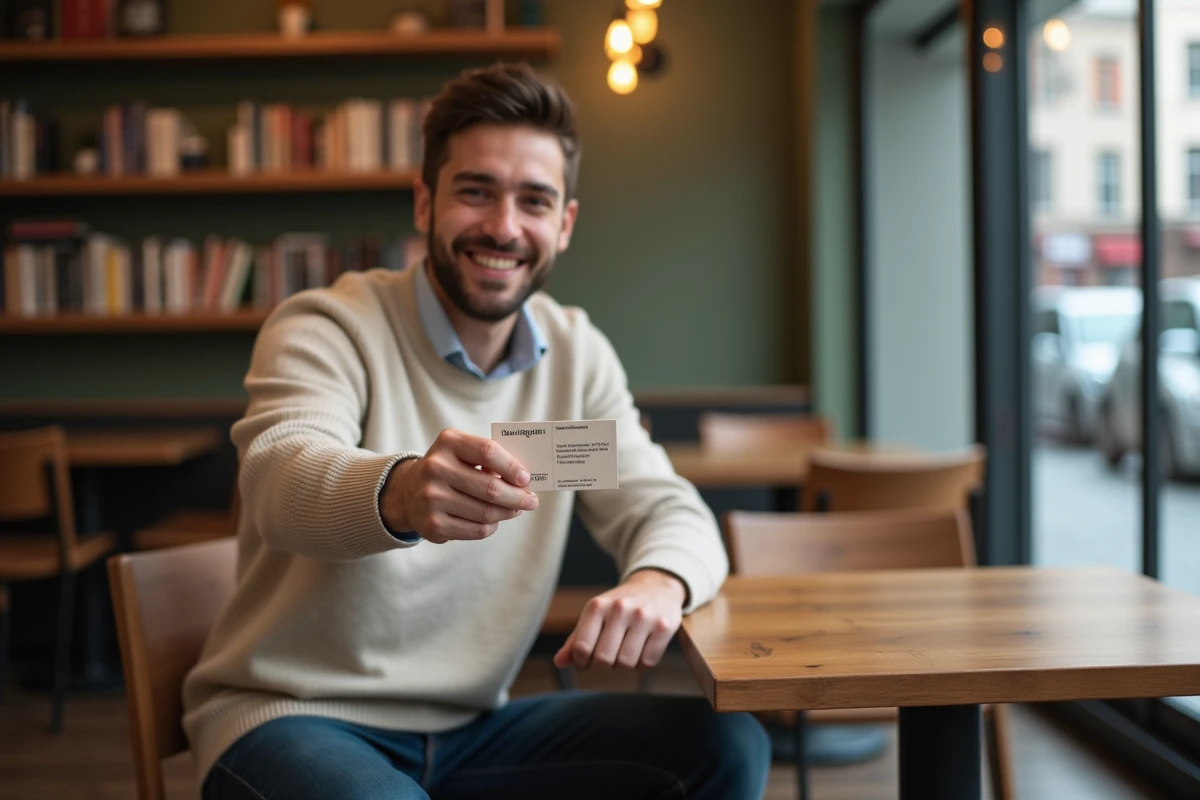 Jeune homme souriant tenant une carte de visite dans un café