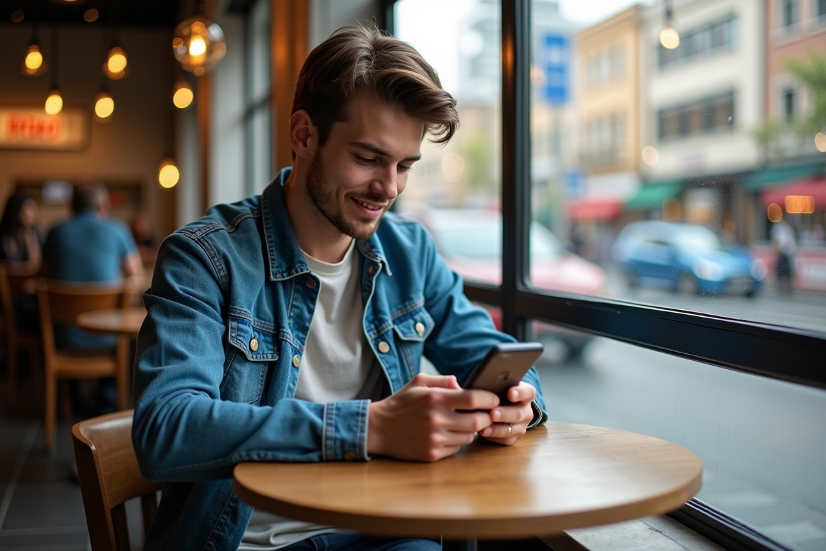 Jeune homme utilisant son smartphone dans un café urbain