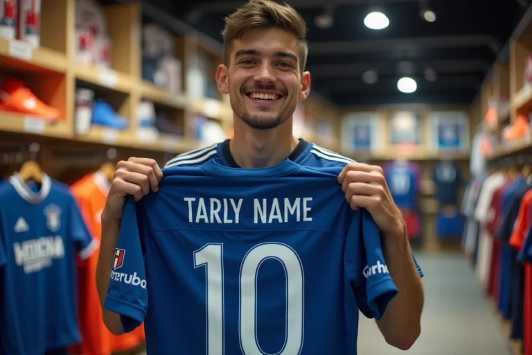 Jeune homme souriant inspectant son jersey personnalisé dans un magasin de sport
