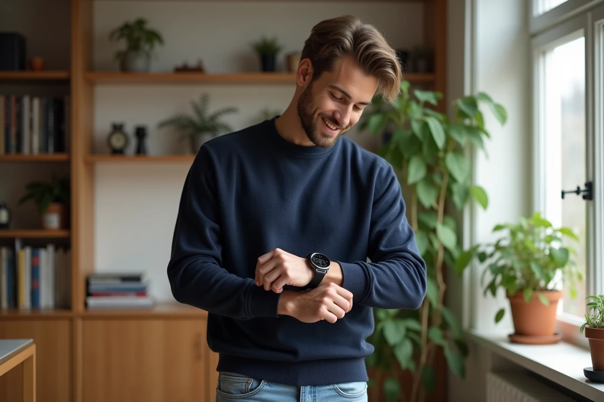 Jeune homme ajustant sa montre Cluse près d