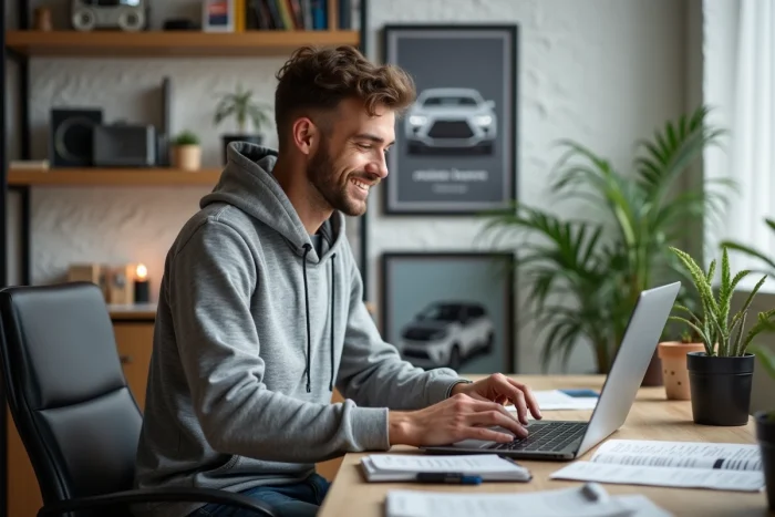 Jeune homme souriant utilisant son ordinateur pour télécharger un manuel auto