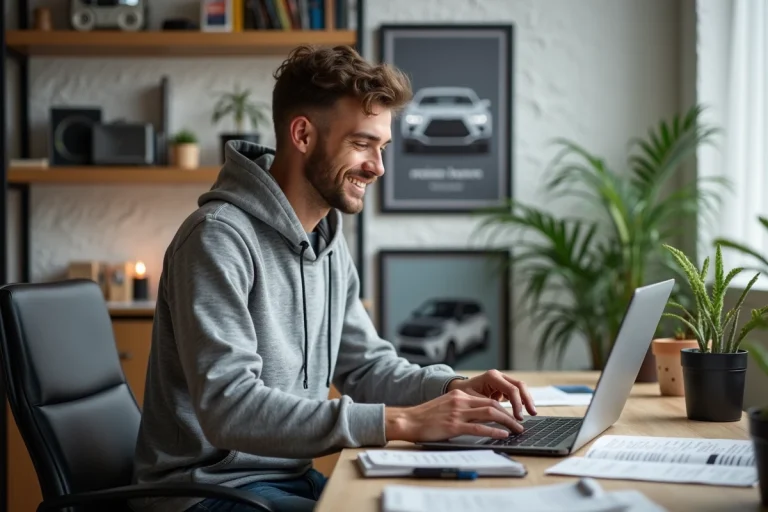 Jeune homme souriant utilisant son ordinateur pour télécharger un manuel auto