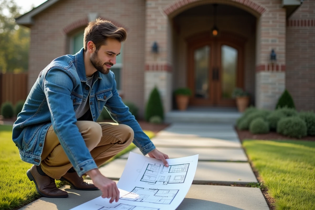 Jeune homme examinant des plans de maison devant une maison