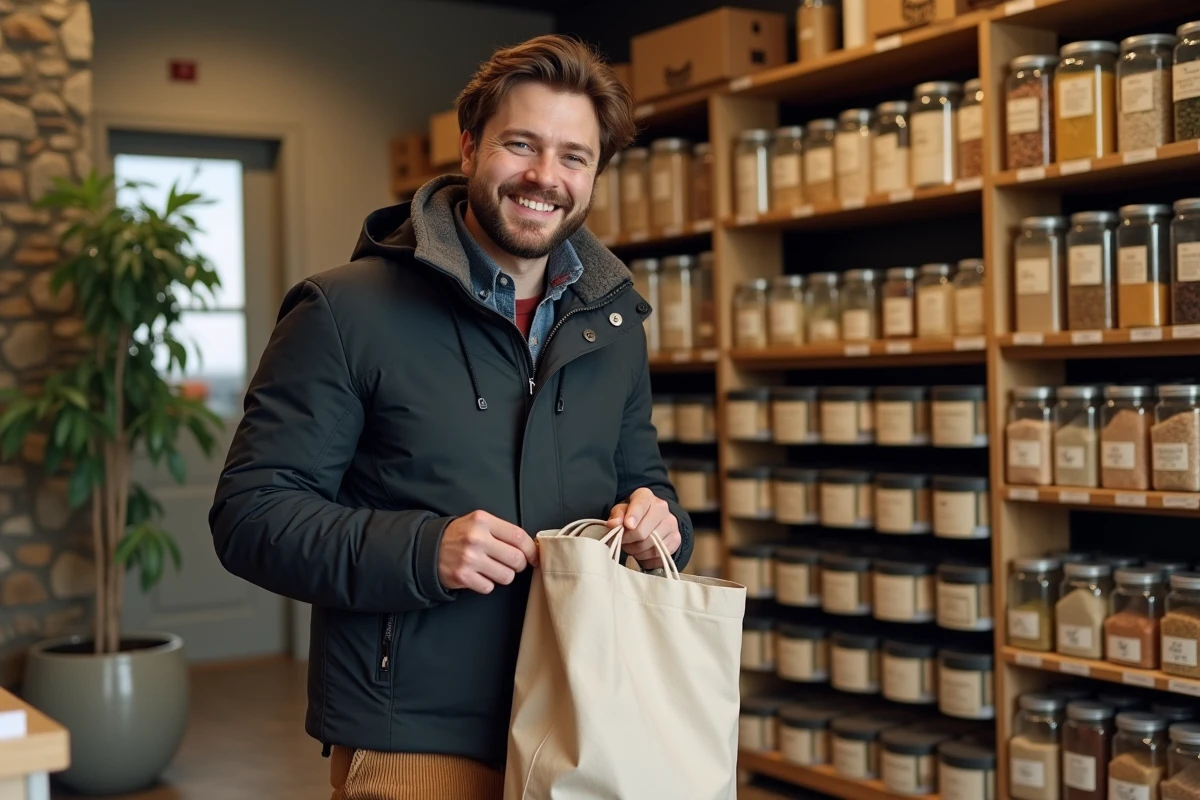 Jeune homme remplissant un sac en toile dans une épicerie zéro déchet