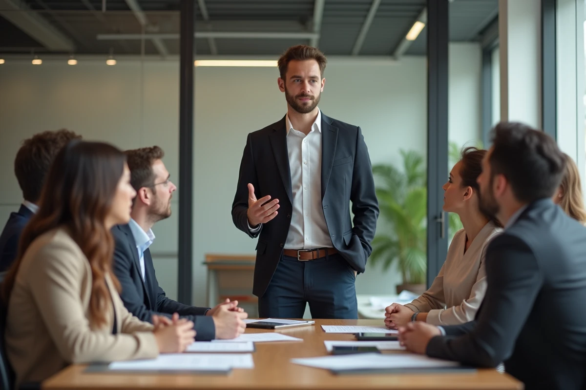 Jeune professionnel conseillant un groupe en réunion au bureau