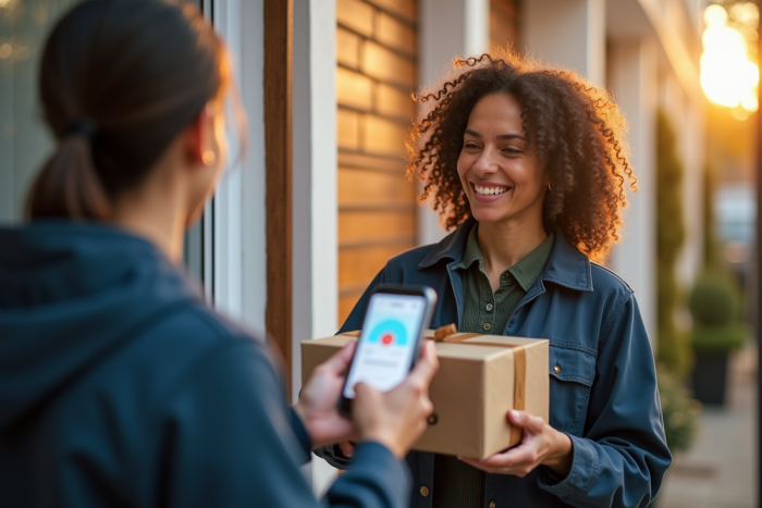 Livraison d'un colis à une cliente souriante devant sa porte moderne