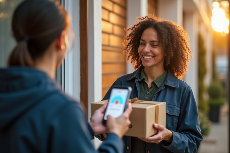 Livraison d'un colis à une cliente souriante devant sa porte moderne