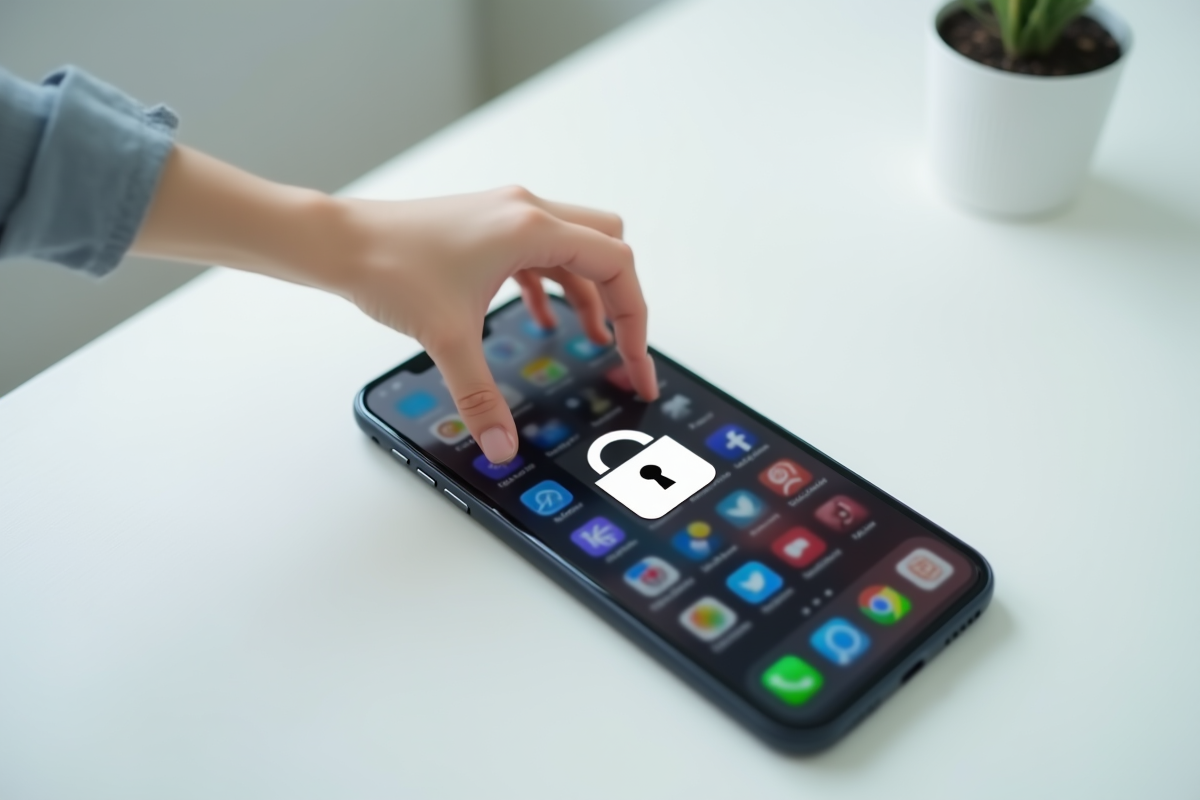 Main posant un autocollant de securite sur un smartphone
