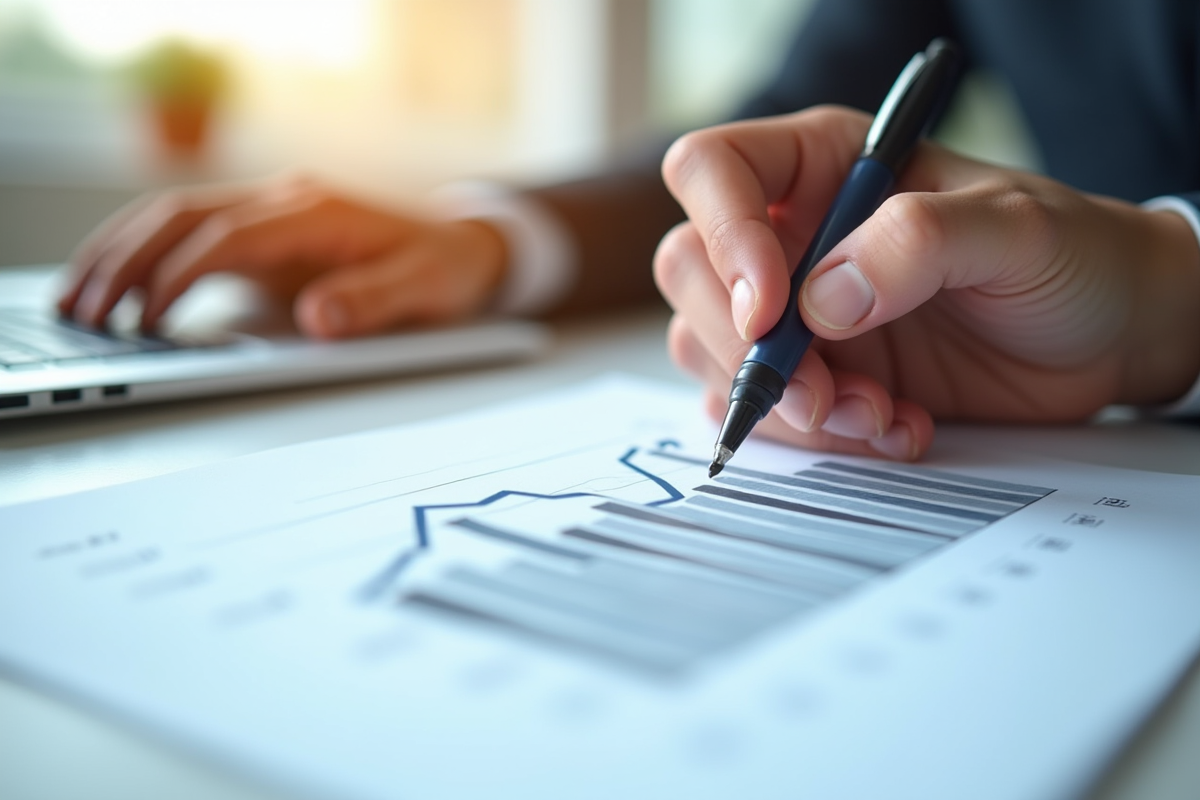 Main tenant un stylo marquant une tendance haussiere sur un document financier