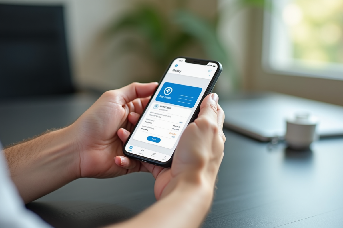 Mains tenant un smartphone affichant un portail de paie sécurisé