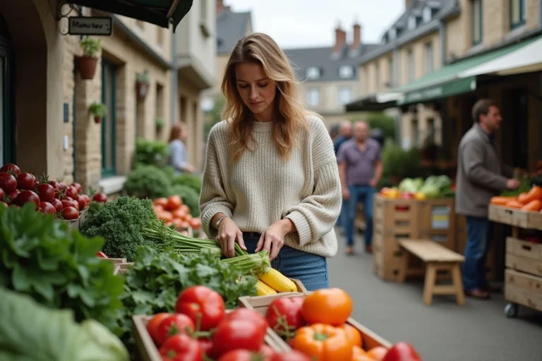 Femme achetant des légumes bio au marché breton en plein air