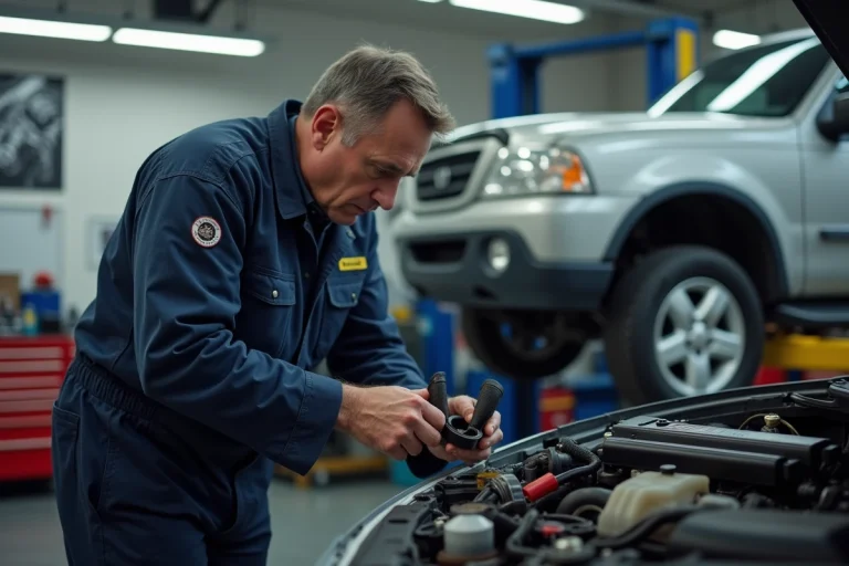 Mécanicien auto en train de changer une courroie de distribution