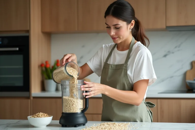 Femme versant des flocons d'avoine dans un blender sur un plan de travail en marbre dans une cuisine moderne