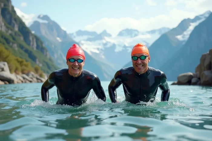 Deux nageurs en combinaison de triathlon sortant d'un lac alpin glacial après une longue nage en eau libre, avec un panorama de montagnes enneigées en arrière-plan