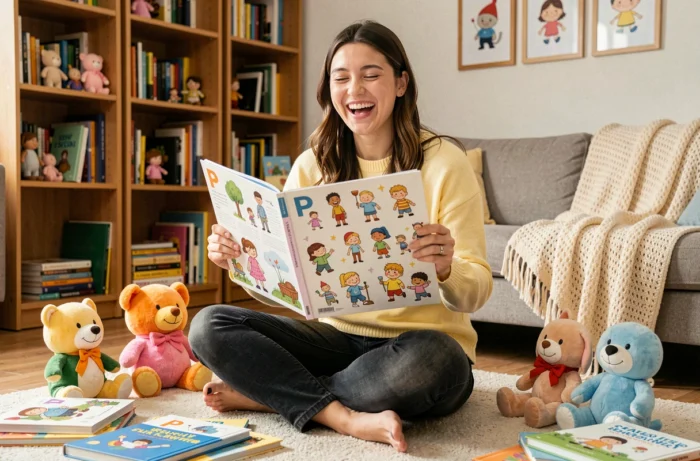 Jeune femme souriante entourée de peluches et livres de personnages de dessins animés en P dans un salon familial coloré