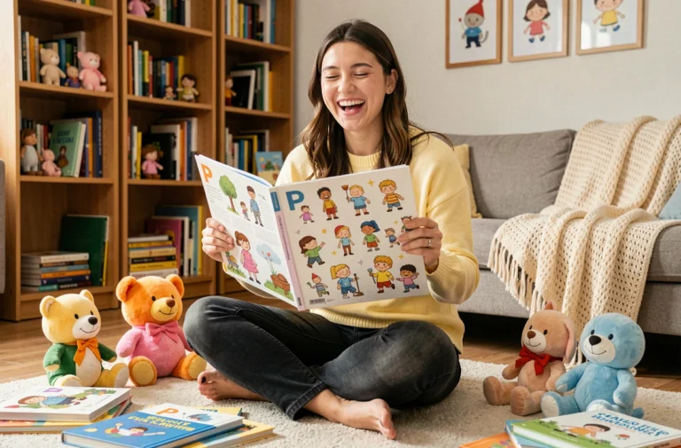 Jeune femme souriante entourée de peluches et livres de personnages de dessins animés en P dans un salon familial coloré