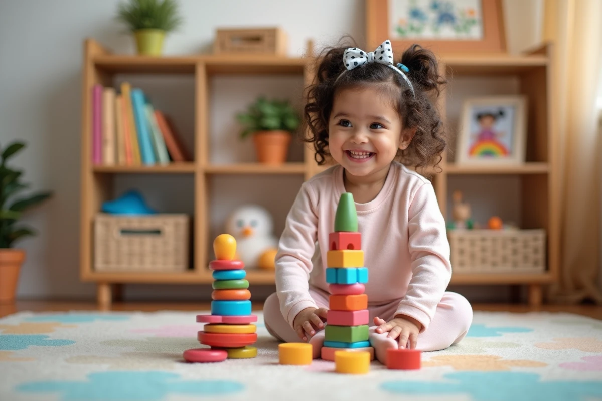 Une petite fille souriante manipulant un jouet empilable dans une salle de jeux