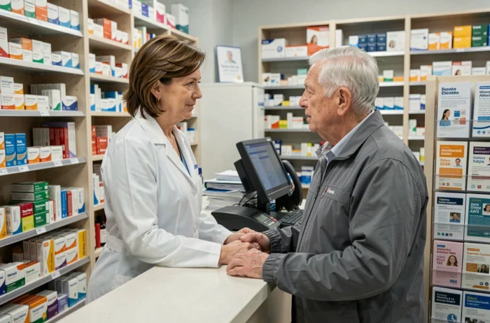 Pharmacienne conseillant un patient âgé sur les conventions médicales pour seniors