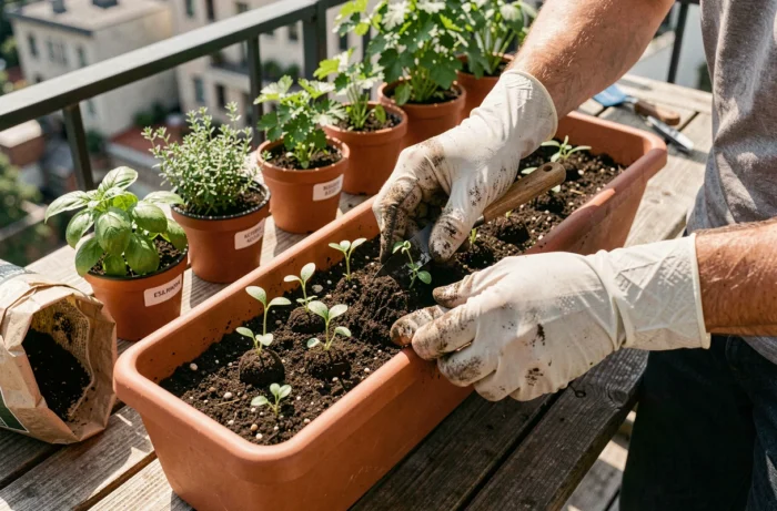 Mains plantant des herbes aromatiques dans une jardinière en terre cuite sur un balcon