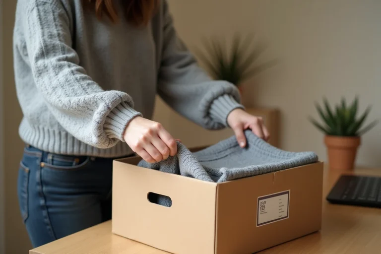 Femme qui prépare un retour Zalando en repliant un vêtement dans sa boîte d'origine avec une étiquette de retour posée sur un bureau en bois