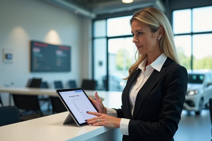 Responsable administrative d'un centre de contrôle technique utilisant l'espace affilié Securitest sur une tablette à l'accueil