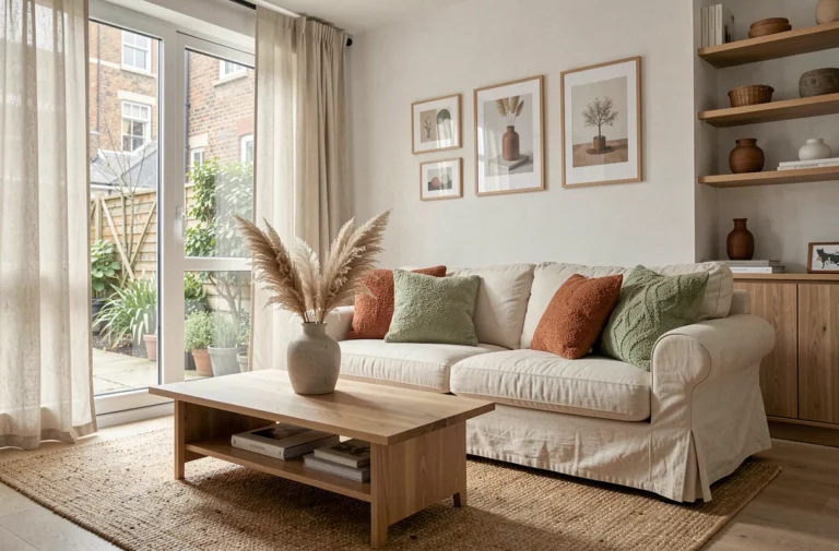 Salon moderne décoré avec un canapé en lin crème, des coussins en bouclé terracotta et vert sauge, et une table basse en chêne naturel ornée d'un vase en céramique avec de l'herbe de la pampa séchée