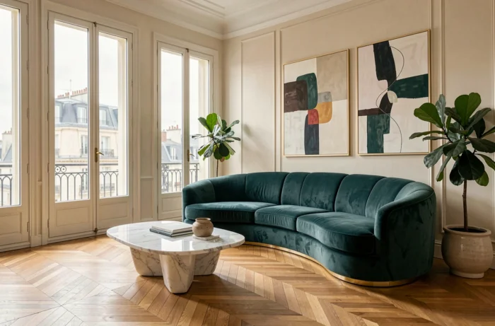 Salon parisien moderne meublé avec des pièces Roche Bobois achetées en déstockage