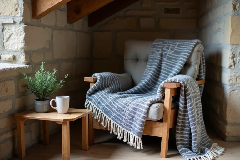 Salon de style breton authentique avec fauteuil en bois vintage, plaid rayé bleu marine et mur en pierre apparente