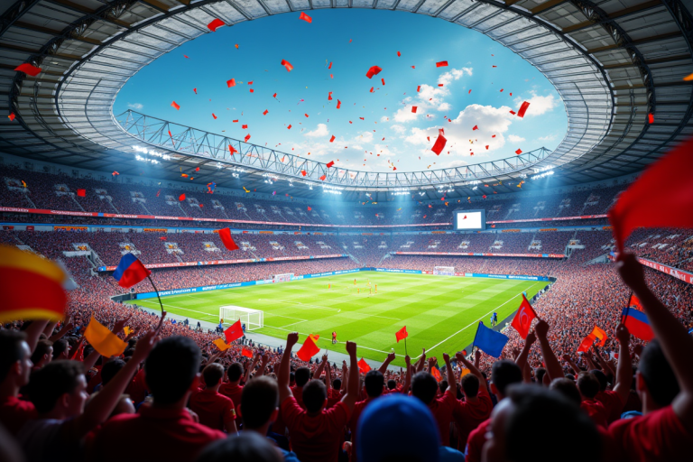 Stade rempli lors d'un événement sportif international avec foule et drapeaux