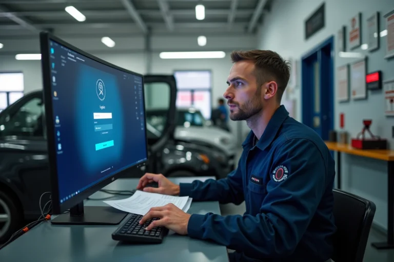 Technicien de contrôle technique connecté à l'espace affilié Securitest sur son ordinateur de bureau dans un garage professionnel