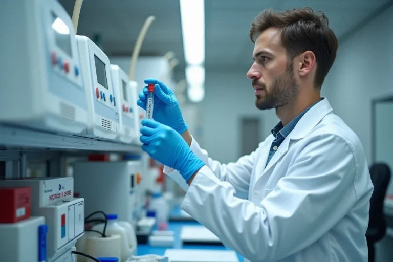 Technicien de laboratoire médical examinant un tube de prélèvement sanguin pour analyse toxicologique