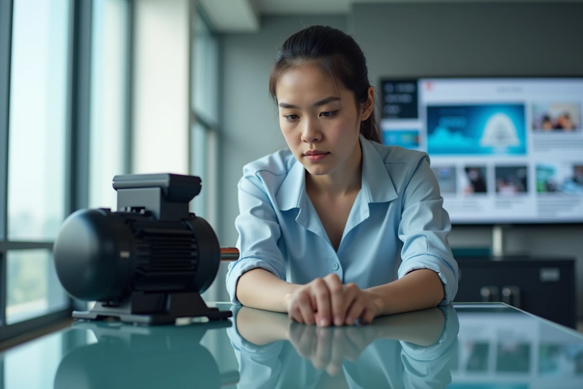 Jeune technicien examinant un moteur électrique dans un bureau hightech