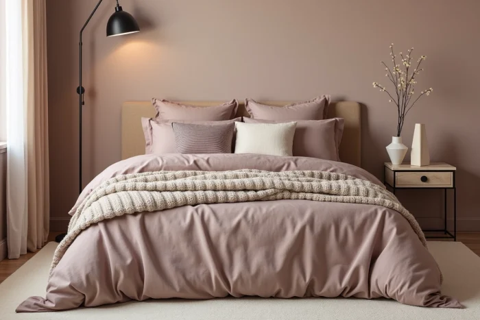 Chambre tendance avec lit plateforme en lin mauve poussiéreux, plaid en grosse maille et table de chevet en travertin