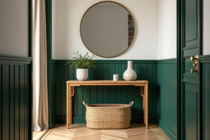 Entrée tendance avec console en rotin, miroir laiton vieilli, panneau vert forêt et plante ficus dans un pot en grès