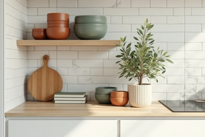 Étagères de cuisine ouvertes décorées avec des céramiques terracotta et vert sauge, un olivier en pot et un livre de cuisine en lin