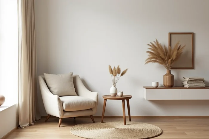 Coin salon de style scandinave avec fauteuil bouclé crème, table en noyer et vase en céramique avec herbes de pampa séchées