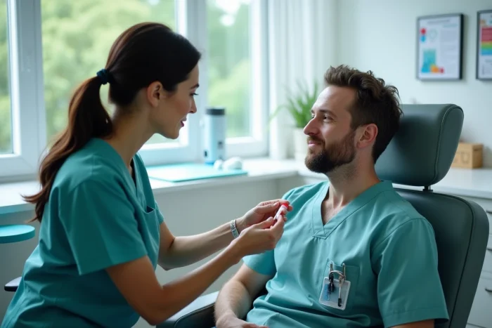 Professionnelle de santé réalisant un test de dépistage salivaire sur un patient dans un cabinet médical
