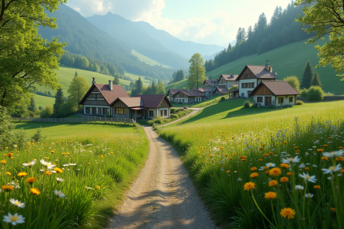 Village isolé au printemps dans les collines vertes
