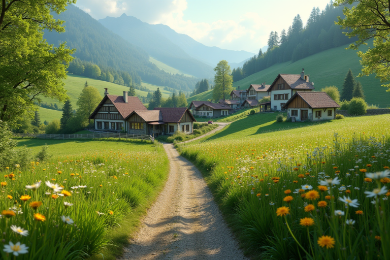 Village isolé au printemps dans les collines vertes